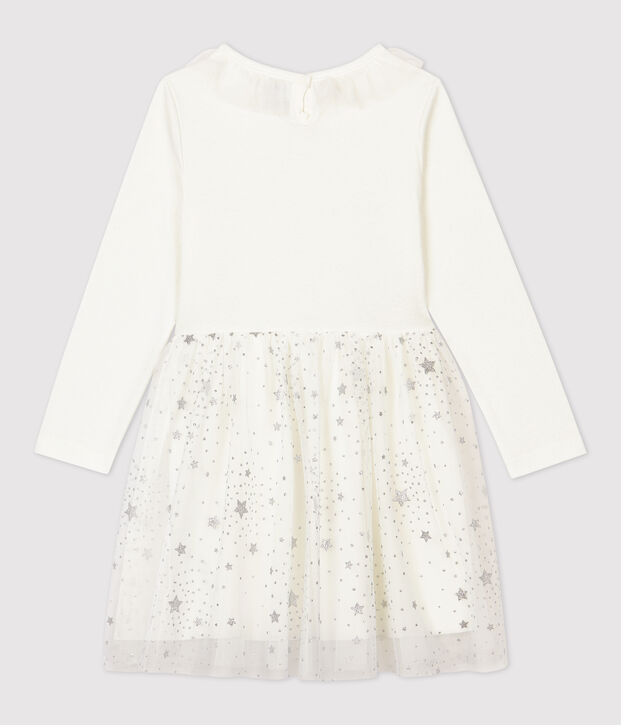 Vestido de manga larga de algod&oacute;n y tul de ni&ntilde;a blanco/gris